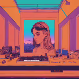 there is a poster of a girl at work,there is a woman that looks like a dj mixing in the garage