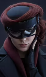 a woman in catwoman mask is talking on her phone