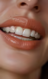 a woman with bright brown lips and bright teeth