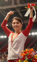 the young woman is holding up her flower and posing with her arm raised