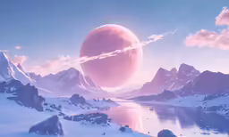 a digital painting of an icy landscape with a planet and snow capped mountains in the background