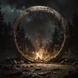 an outdoor fire pit sitting in the middle of a forest