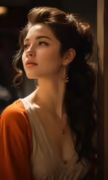 a young lady with long brown hair is looking out the window