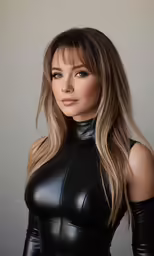 a woman in black leather is posing