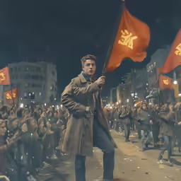 a man in trench coat holding chinese flags on street