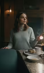 a woman in a sweater is at a table drinking a beverage
