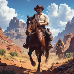 a man riding a horse through the desert