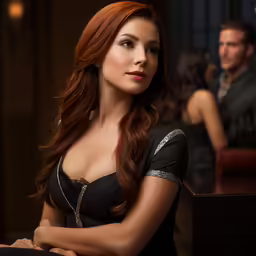 the woman with long hair is wearing a black shirt