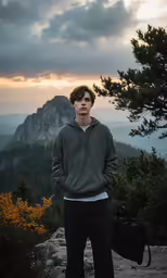 the young man stands in front of the mountains and the sunset