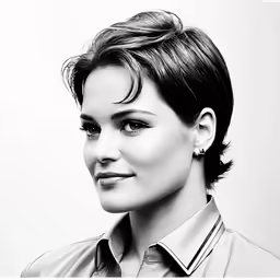 a woman with short hair smiles while wearing a shirt