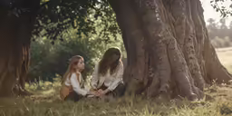 a mother and daughter sitting in front of trees