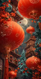 the red lanterns are floating in the air above a building