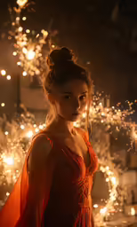 a girl wearing an evening gown with some sparklers all around her