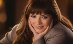 a smiling woman is leaning on her arms