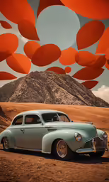 an old car is shown in front of a mountainside