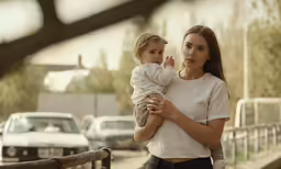 an attractive woman holding her baby on a bridge