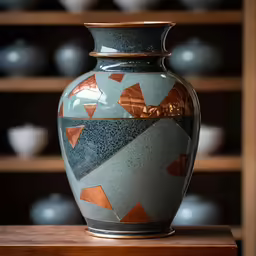 a blue vase sitting on a table in front of many white bowls