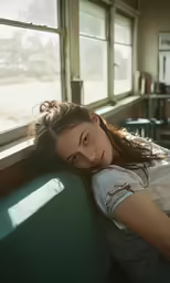a person laying their head on the back of a chair in a room with two windows
