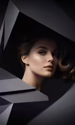a woman with dark hair in the middle of a geometric pattern