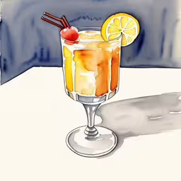 a watercolor painting of a beverage with two cherry slices and two sticks,a painting of a drink with ice and a cherry on the rim