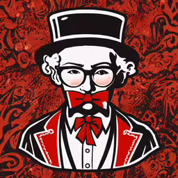 an image of a guy in a top hat and red bow tie,painting of a man wearing glasses and a top hat