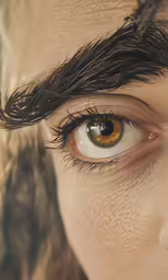 the eyes of a woman are visible with feather in it