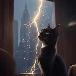 a black cat is staring out a window at some lightenings