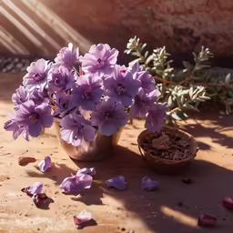 a couple of pots filled with purple flowers next to each other
