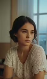 a woman sitting on a couch with her hands crossed