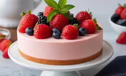 a cake with berries and blueberries sits on a white plate