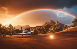 a plane parked on the ground under a rainbow