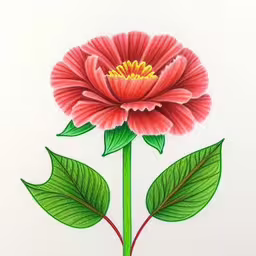 a drawing of a red flower with a green stem and leaves,a drawing of a flower with green leaves,a drawing of a flower with green leaves,a drawing of a pink flower with leaves on a white paper,an artisticly colored drawing of a flower