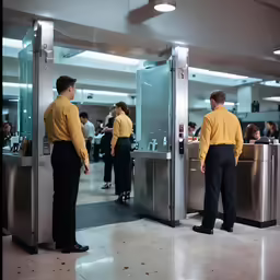 three people wearing yellow shirts standing next to some silver machines
