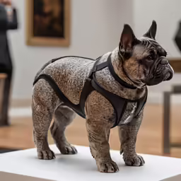 a small french bulldog is in an exhibition wearing a harness