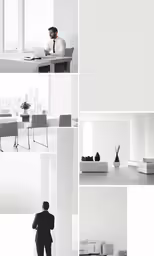 black and white images of a man in a suit working on a laptop computer