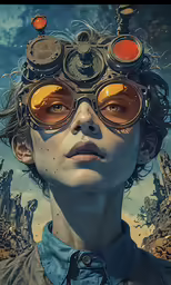 a woman wearing glasses with a surreal look