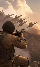 soldier aiming at aircraft as an army troop passes by