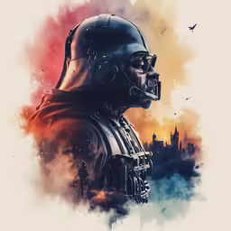 a painting of a man in a helmet on top of a building
