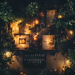 a wall full of lit candles, lights and framed photos