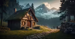 a small house surrounded by mountains with people standing in the distance