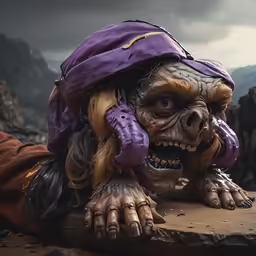 an old troll with long, brown hair and purple clothes is posed on the ground