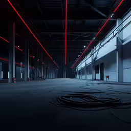 a very long room with some lights shining,a photo taken in the middle of a room that looks dark