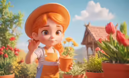 a character standing in a garden wearing a yellow hat