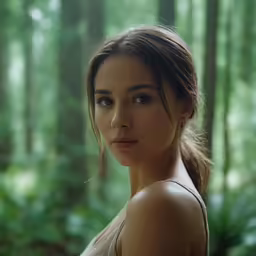 a woman poses for a portrait while in the woods