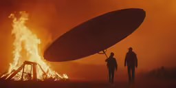 two people standing next to a big fire