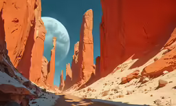 the moon shines over the desert in the distance