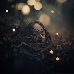 a close - up shot of a woman with eyes closed, lying in the leaves