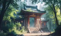 a pagoda in the middle of a forest with trees around it
