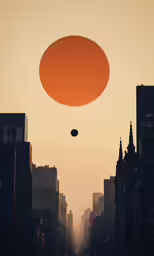 a strange object flying over a street in the middle of city