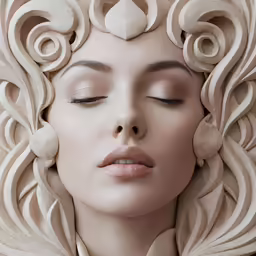 a woman with large white hair and a white and beige headpiece